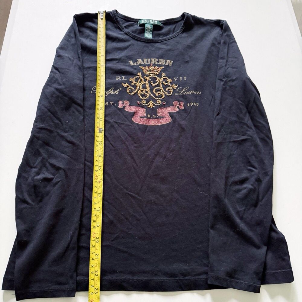 Women's Lauren Ralph Lauren RL Crest Logo Monogram Tee Shirt Black Size M Medium - Picture 7 of 14